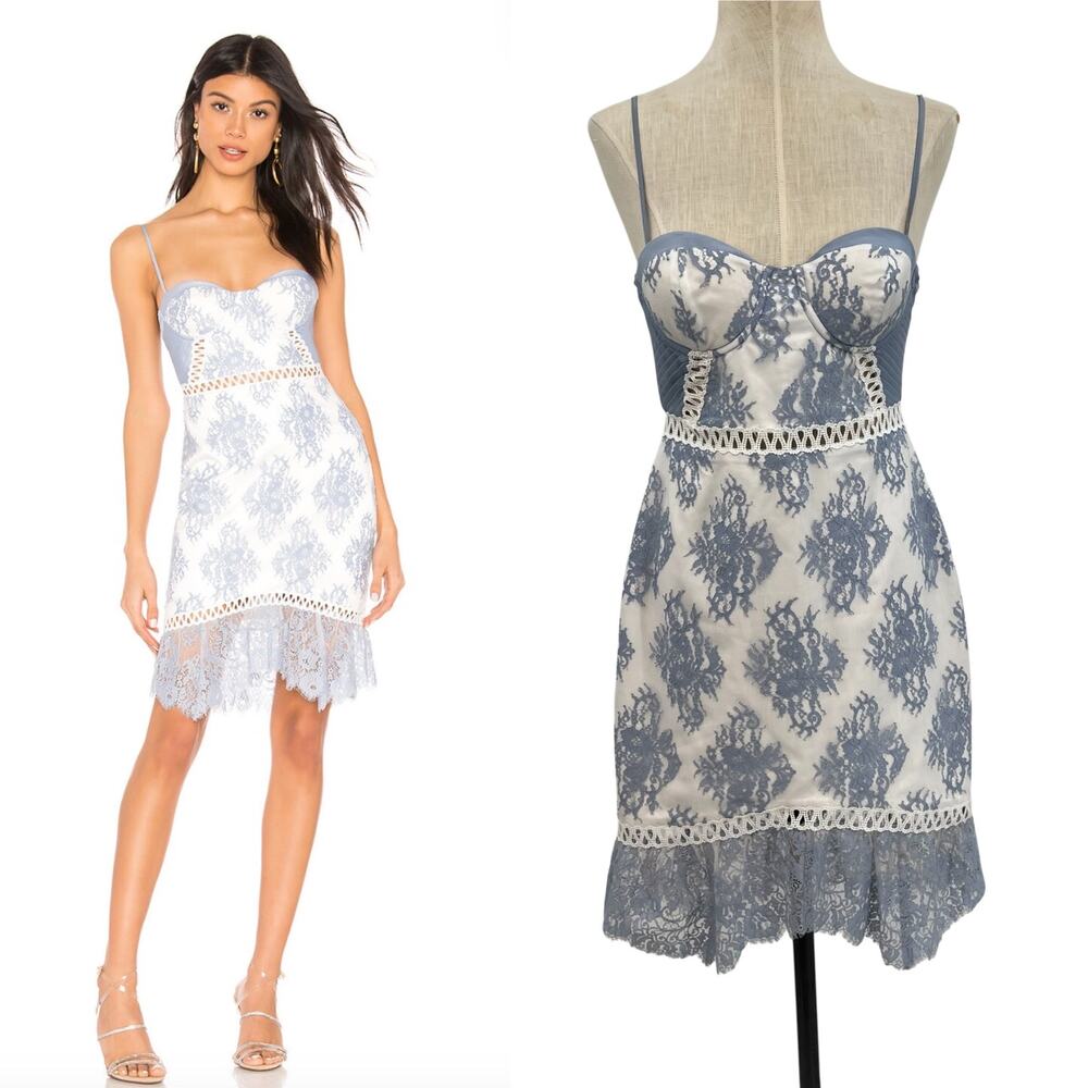 NBD Timantha Lace Bustier Mini Dress Crochet Trim White Blue Size Small